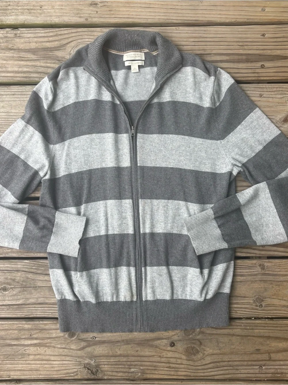Banana Republic Gray & White Striped Cotton Cashmere Blend Zip Up Sweater